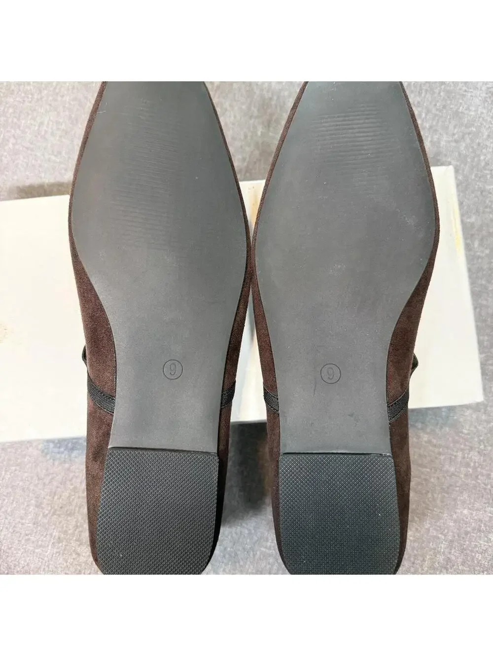 Brown suede ballet flats with elastic strap, size US 9